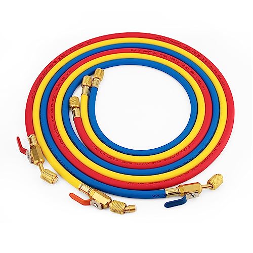 RO6G 29986 Refrigeration Hoses with Ball Valves Replacement Hvac Hose Low Loss R410A Plus II 14 Charging Hoses 72in Length 3 Pack Blue Yellow Red - Image 1