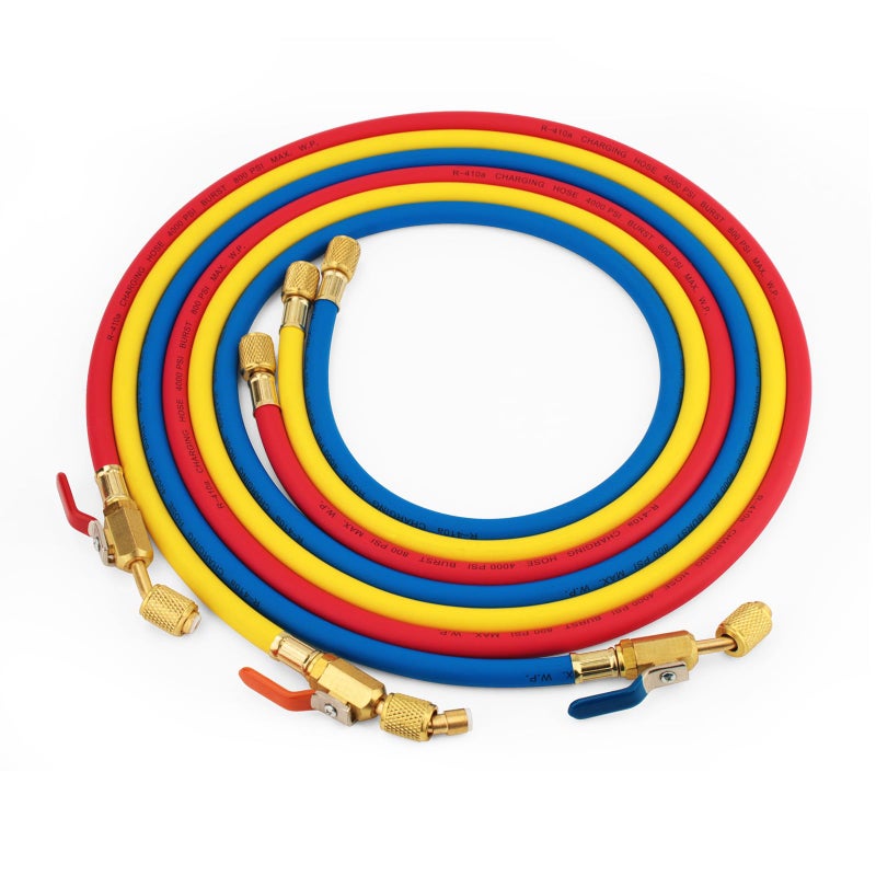 RO6G 29986 Refrigeration Hoses with Ball Valves Replacement Hvac Hose Low Loss R410A Plus II 14 Charging Hoses 72in Length 3 Pack Blue Yellow Red - Image 2