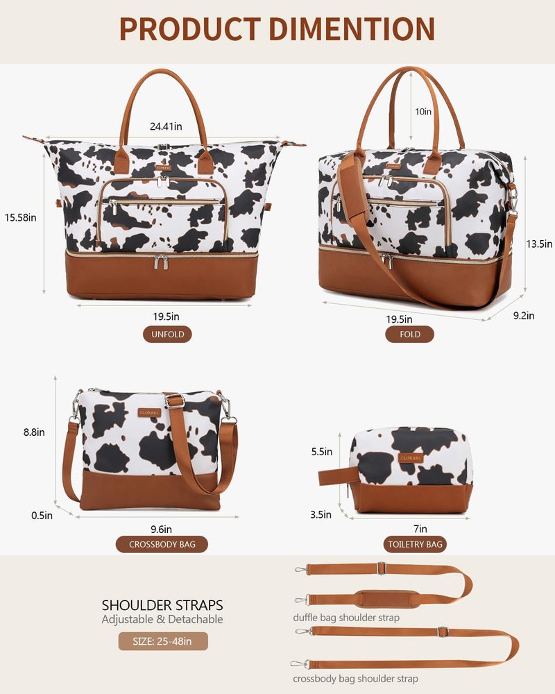 CLOKARS Weekender Bags for Women, Travel Duffle Bag Carry On Overnight Bag with Cosmetics Bag and Crossbody Purse for Gym Hospital, Gifts for Women, Cow Print Brown - Image 3