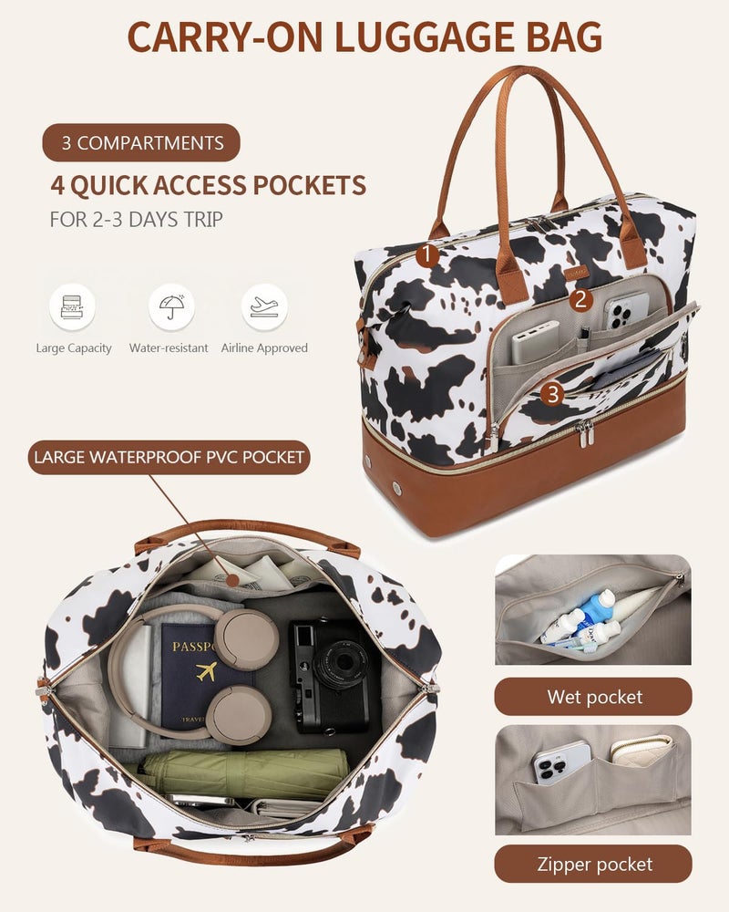 CLOKARS Weekender Bags for Women, Travel Duffle Bag Carry On Overnight Bag with Cosmetics Bag and Crossbody Purse for Gym Hospital, Gifts for Women, Cow Print Brown - Image 5