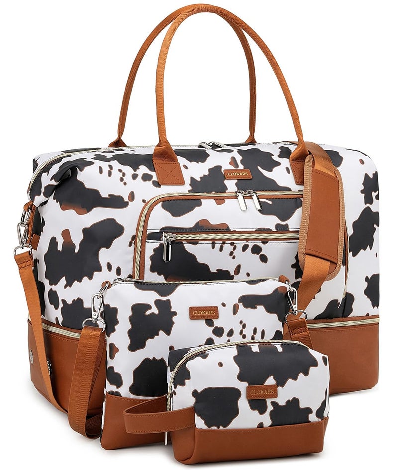 CLOKARS Weekender Bags for Women, Travel Duffle Bag Carry On Overnight Bag with Cosmetics Bag and Crossbody Purse for Gym Hospital, Gifts for Women, Cow Print Brown - Image 1