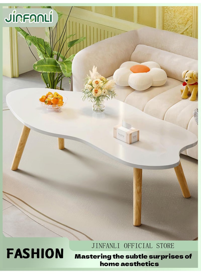 جين فان ل أنا طاولة قهوة سحابية، طاولة شاي بيضاء حليبية، أريكة بسيطة، أرجل منخفضة من الخشب الصلب، طاولة شاي غير منتظمة حديثة، مناسبة لغرفة المعيشة، شقة صغيرة، [أبيض دافئ] 100*50*42 سم - Image 1