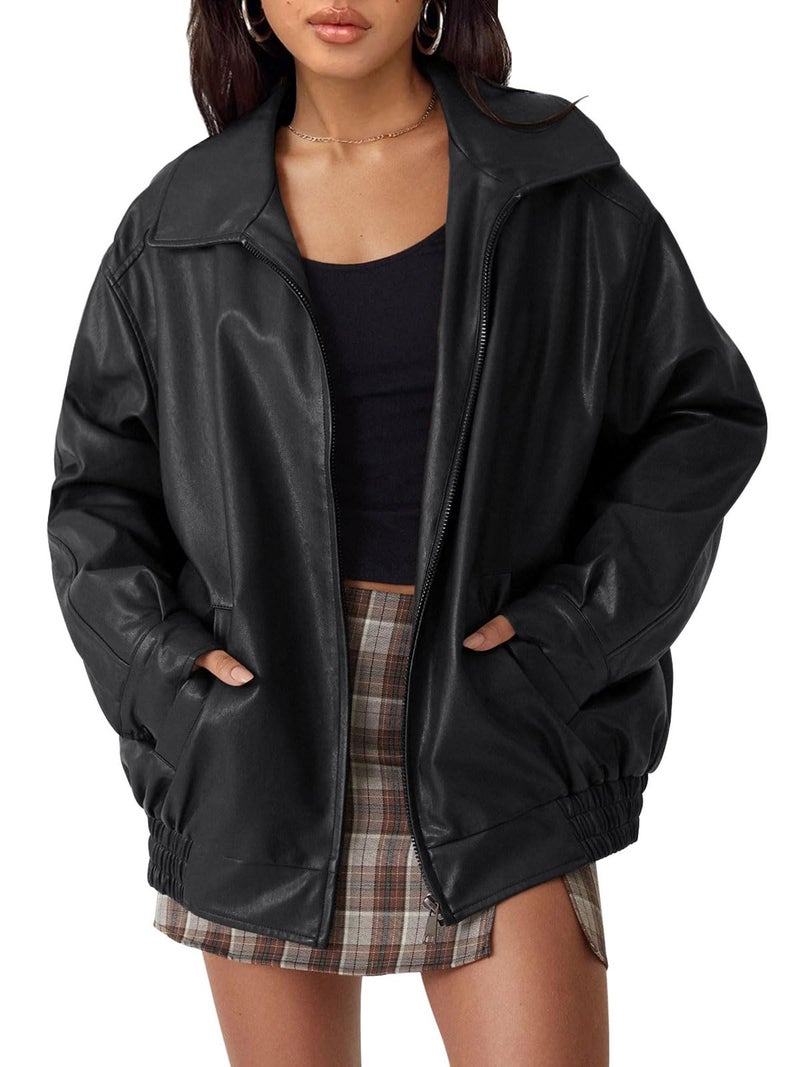 AUTOMET Women's Oversized Faux Leather Jacket - Fall Motorcycle Style Coat with Zipper Closure Black XL - Image 1