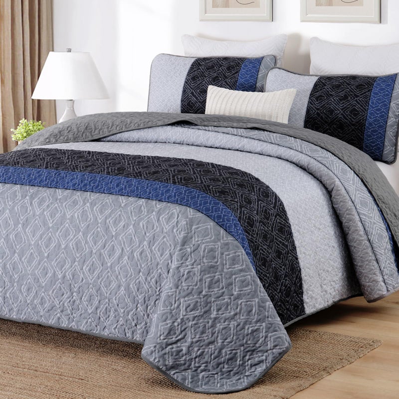 Cottolester Queen Quilt Set 3 Pieces,Gray and Blue Striped Quilt Set,Boho Farmhouse Bedspread Soft Microfiber Bedding Set for All Season 96"x90" - Image 1