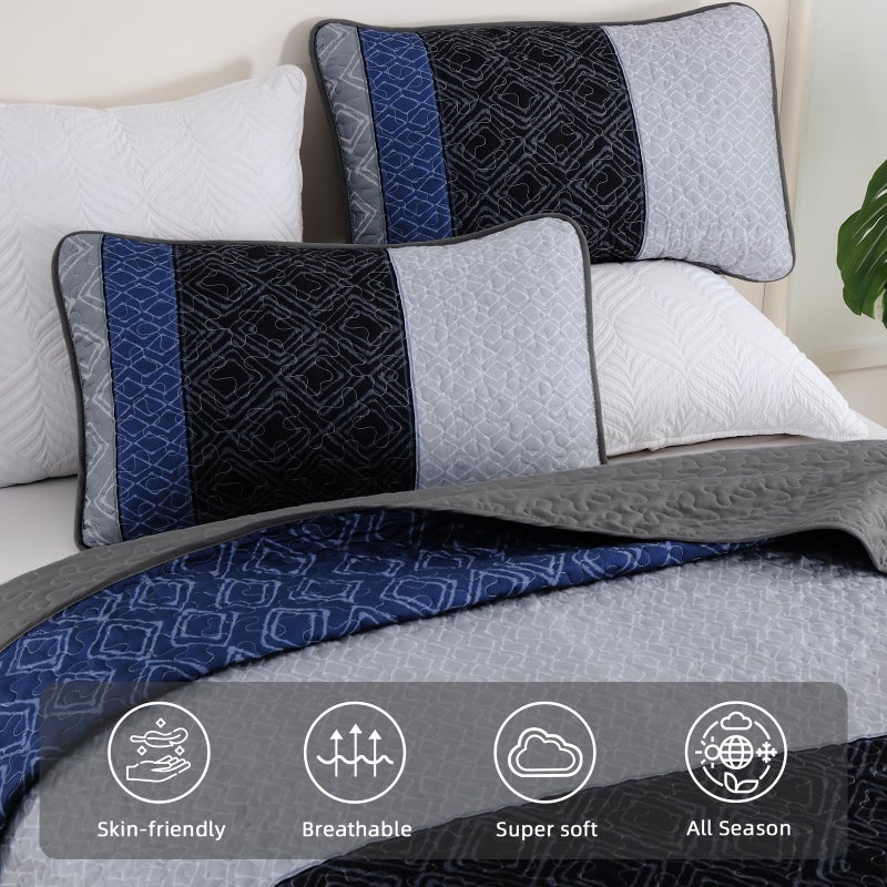 Cottolester Queen Quilt Set 3 Pieces,Gray and Blue Striped Quilt Set,Boho Farmhouse Bedspread Soft Microfiber Bedding Set for All Season 96"x90" - Image 3