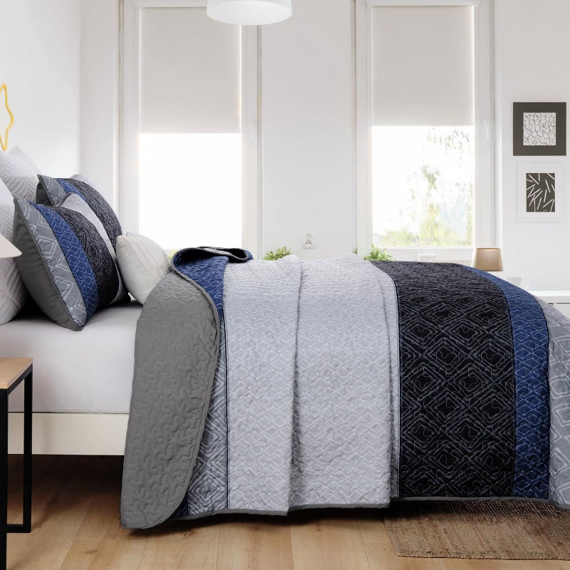 Cottolester Queen Quilt Set 3 Pieces,Gray and Blue Striped Quilt Set,Boho Farmhouse Bedspread Soft Microfiber Bedding Set for All Season 96"x90" - Image 5