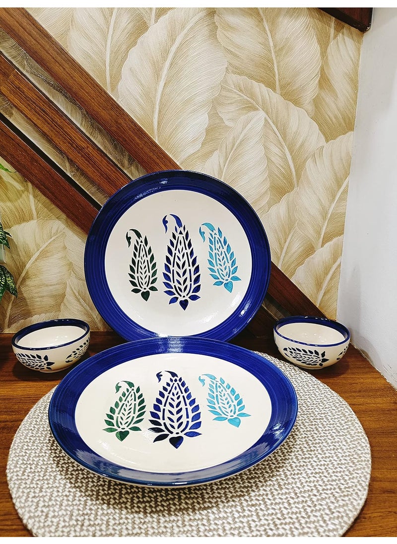Caffeine Caffeine Ceramic Stoneware Handmade Blue Boota Combo Dinner Set of 8 Hand Painted Ceramic Dinner Plates with katori Bowl for Dinner (Microwave & Dishwasher Safe)  - Image 2