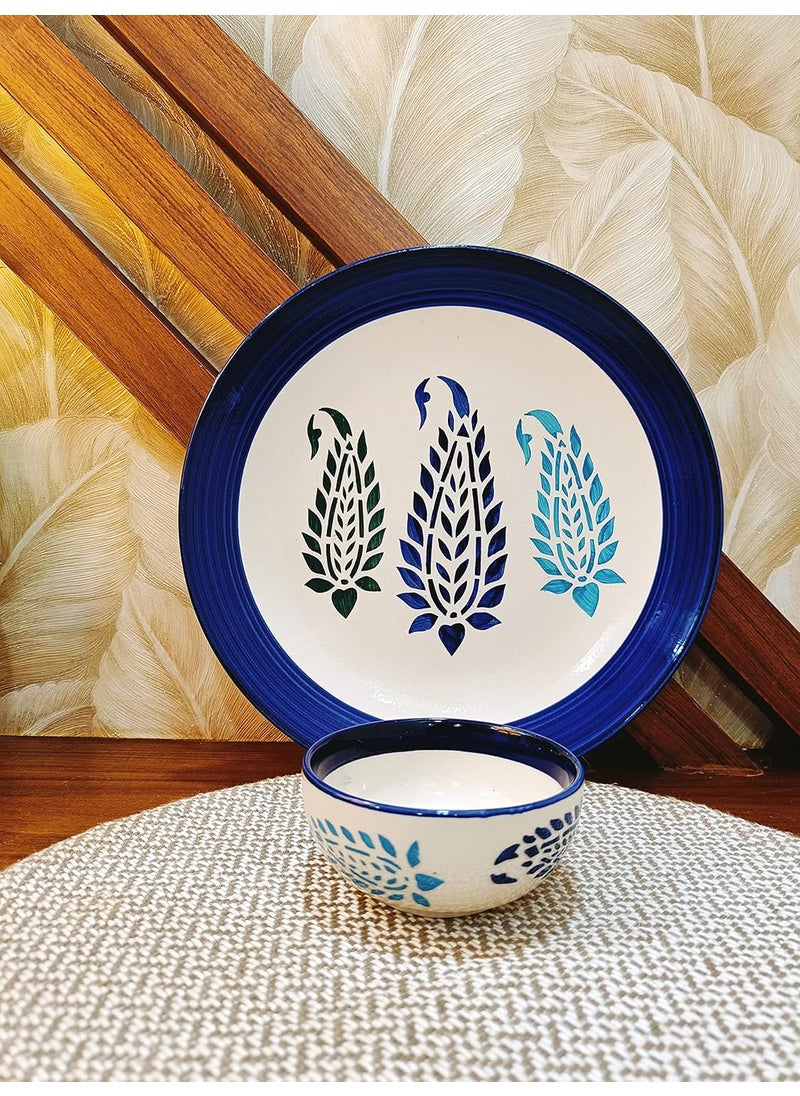 Caffeine Caffeine Ceramic Stoneware Handmade Blue Boota Combo Dinner Set of 8 Hand Painted Ceramic Dinner Plates with katori Bowl for Dinner (Microwave & Dishwasher Safe)  - Image 4