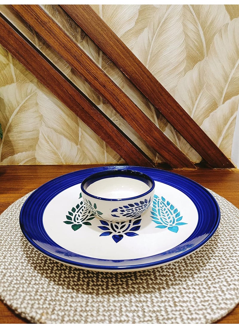 Caffeine Caffeine Ceramic Stoneware Handmade Blue Boota Combo Dinner Set of 8 Hand Painted Ceramic Dinner Plates with katori Bowl for Dinner (Microwave & Dishwasher Safe)  - Image 3
