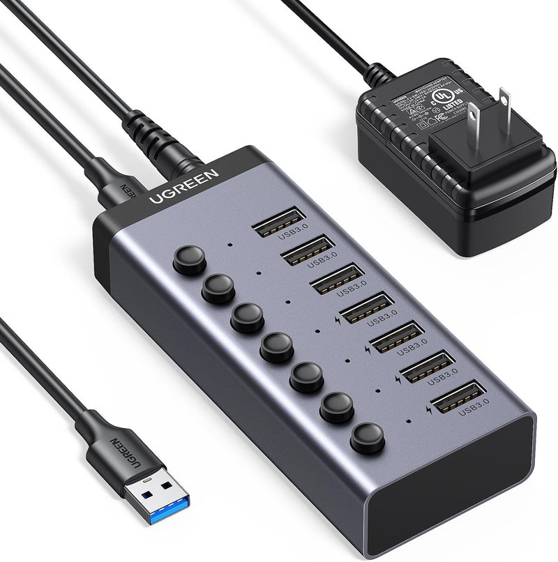 UGREEN Powered USB Hub 3.0, 7-Ports Charging Extender Data Hub (12V/2A Not Fast Charge) Splitter Extension, Power USB-A Adapter with Individual On/Off Switches for Laptop, PC, HDD, Flash Drive