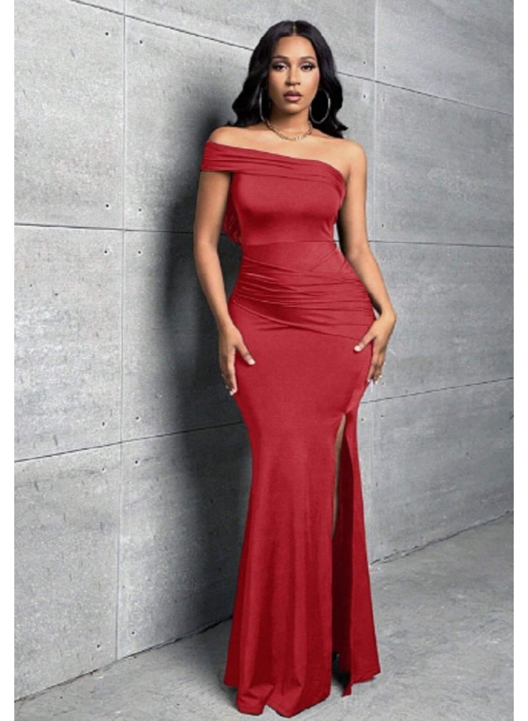 Shein Slaydiva 1pc Women Solid Color Asymmetric Ruched Side Slit Fishtail Hem Fitted Elegant Dress - Image 3
