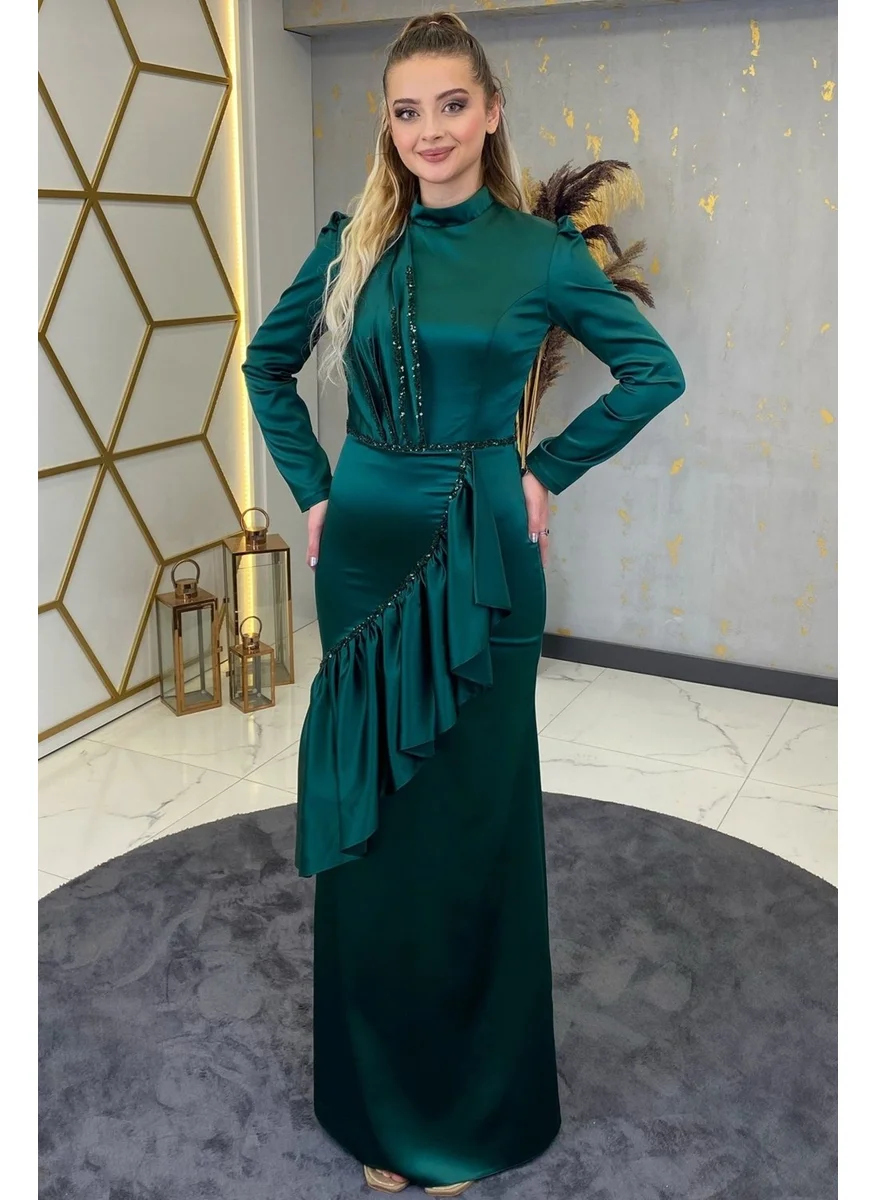 Esilanur Frilled Nisa Modest Evening Dress Emerald