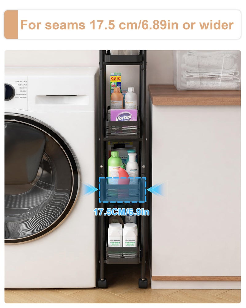 UMDONX Slim Storage Cart 4 Tier with Pull Out Basket Bathroom Organizer Rolling cart, Rolling Utility Cart Slide Out Organizer for Kitchen, Bathroom, Laundry Black - Image 5