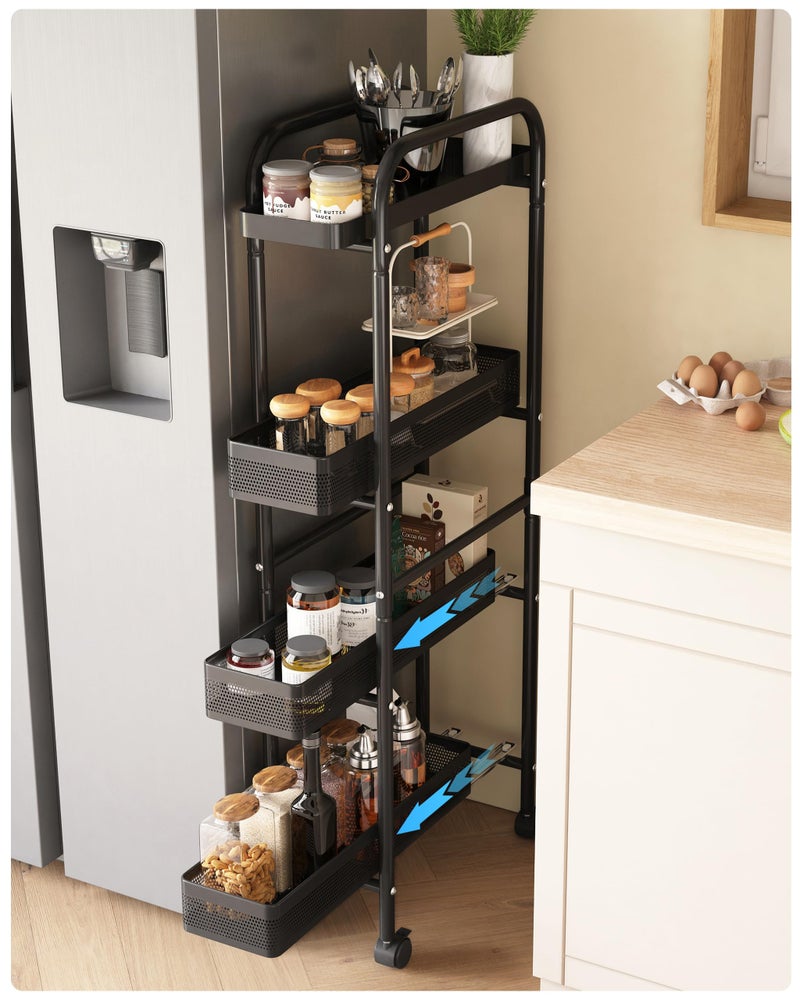 UMDONX Slim Storage Cart 4 Tier with Pull Out Basket Bathroom Organizer Rolling cart, Rolling Utility Cart Slide Out Organizer for Kitchen, Bathroom, Laundry Black - Image 1
