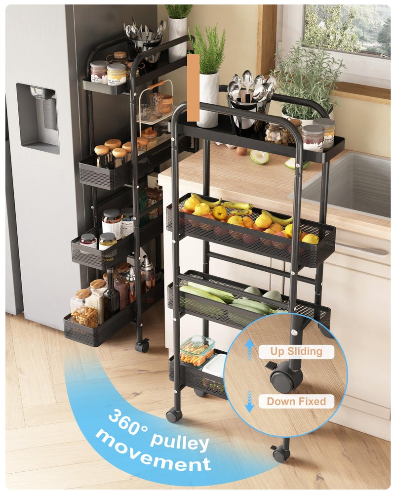 UMDONX Slim Storage Cart 4 Tier with Pull Out Basket Bathroom Organizer Rolling cart, Rolling Utility Cart Slide Out Organizer for Kitchen, Bathroom, Laundry Black - Image 2
