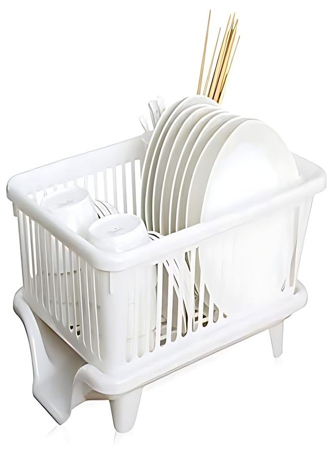 Divik 3 in 1 Large Sink Set - Plastic Plate Holder Basket/Dish Drainer Rack/Utensil Stand with Tray for Kitchen/Unbreakable Kitchen Organizer (1Pcs) (White) - Image 1