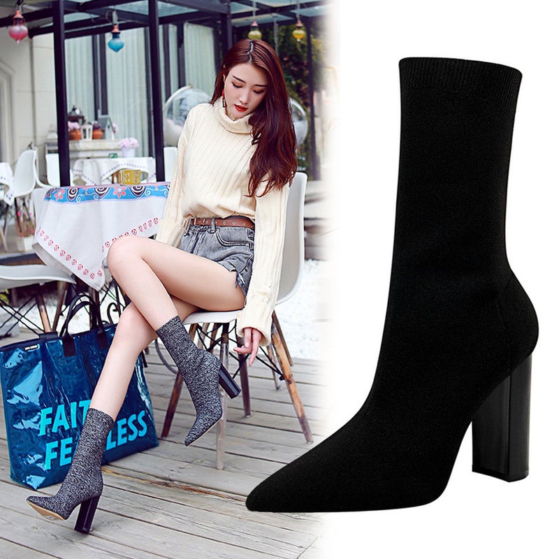 3129-2 Style Fashion New Simple Thick Heel High Heel Pointed Nightclub Slim Wool Boots - Image 5
