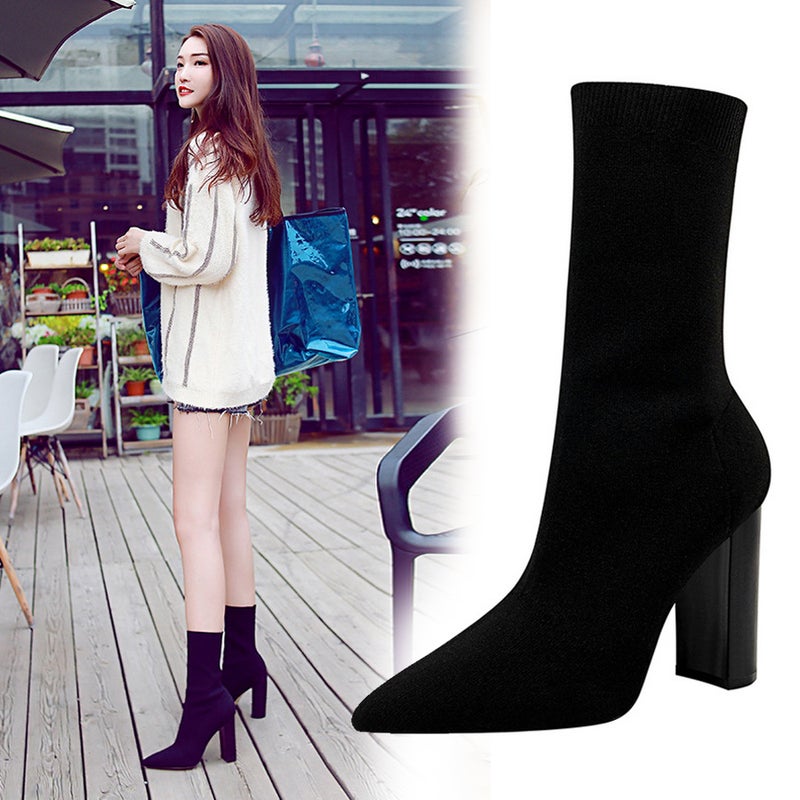 3129-2 Style Fashion New Simple Thick Heel High Heel Pointed Nightclub Slim Wool Boots - Image 2