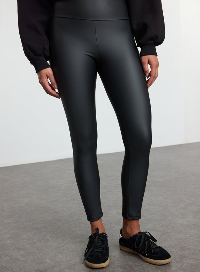trendyol Anthracite Leather Look Shiny Body-Fitting Stretchy Knitted Tights - Image 3