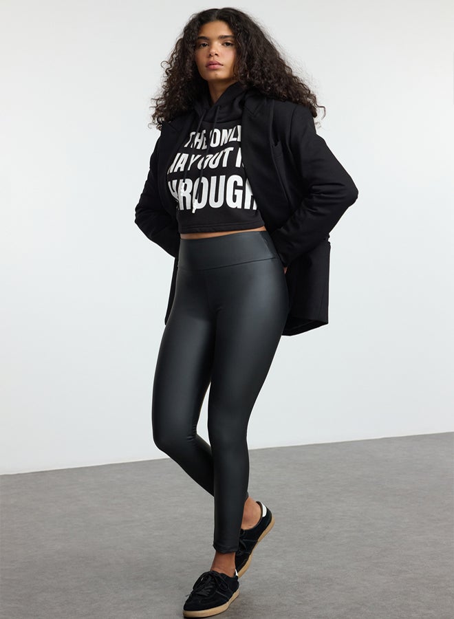 trendyol Anthracite Leather Look Shiny Body-Fitting Stretchy Knitted Tights - Image 2