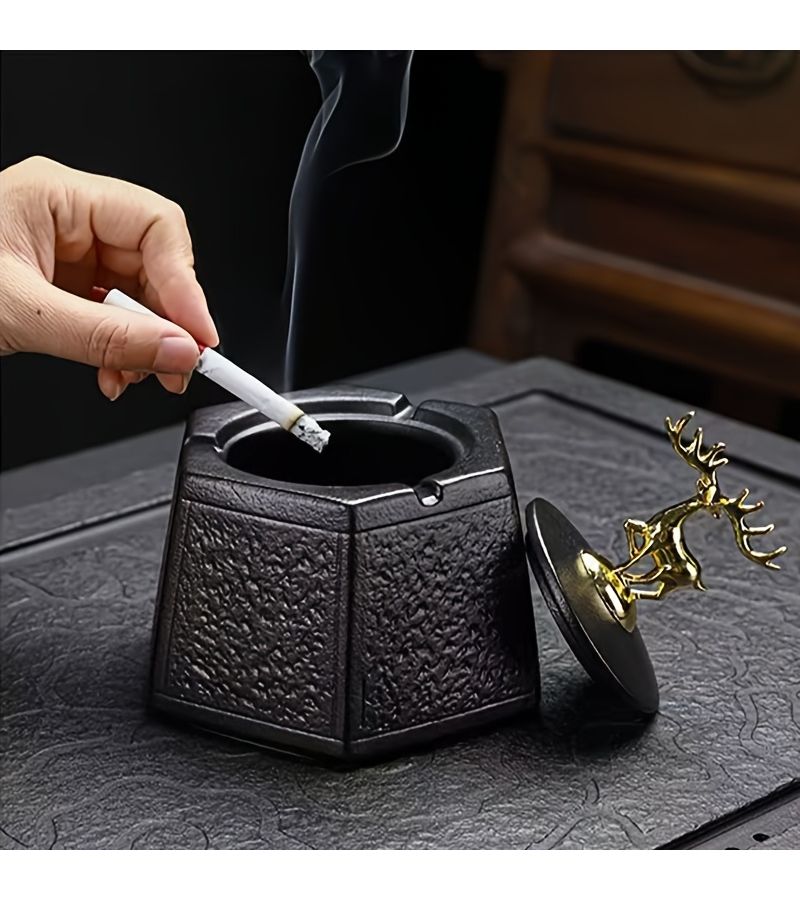 Vintage Hexagonal Ashtray With Lid Smoke Proof Home Office Decor 1pc - Image 5