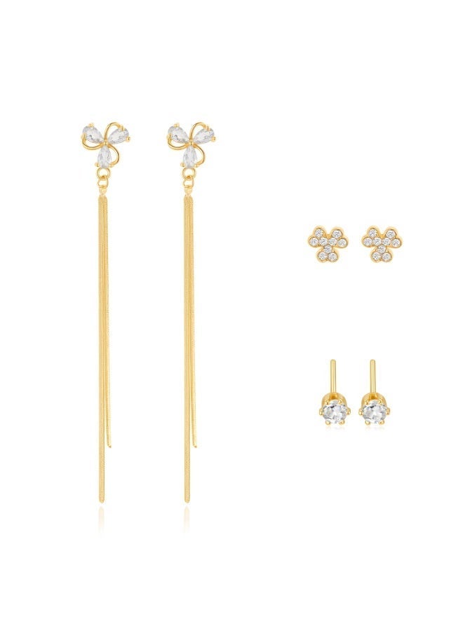 MTZ Gold Plated Earring Set for Women, 3 Pairs CZ Flower Tassel & Stud Earrings, Hypoallergenic Jewelry for Wedding/Party/Everyday - Image 1