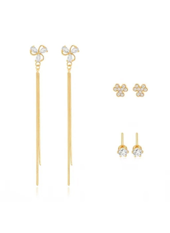 MTZ Gold Plated Earring Set for Women, 3 Pairs CZ Flower Tassel & Stud Earrings, Hypoallergenic Jewelry for Wedding/Party/Everyday - Image 3