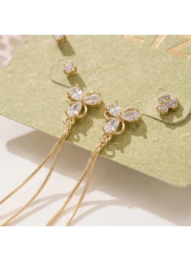 MTZ Gold Plated Earring Set for Women, 3 Pairs CZ Flower Tassel & Stud Earrings, Hypoallergenic Jewelry for Wedding/Party/Everyday - Image 2