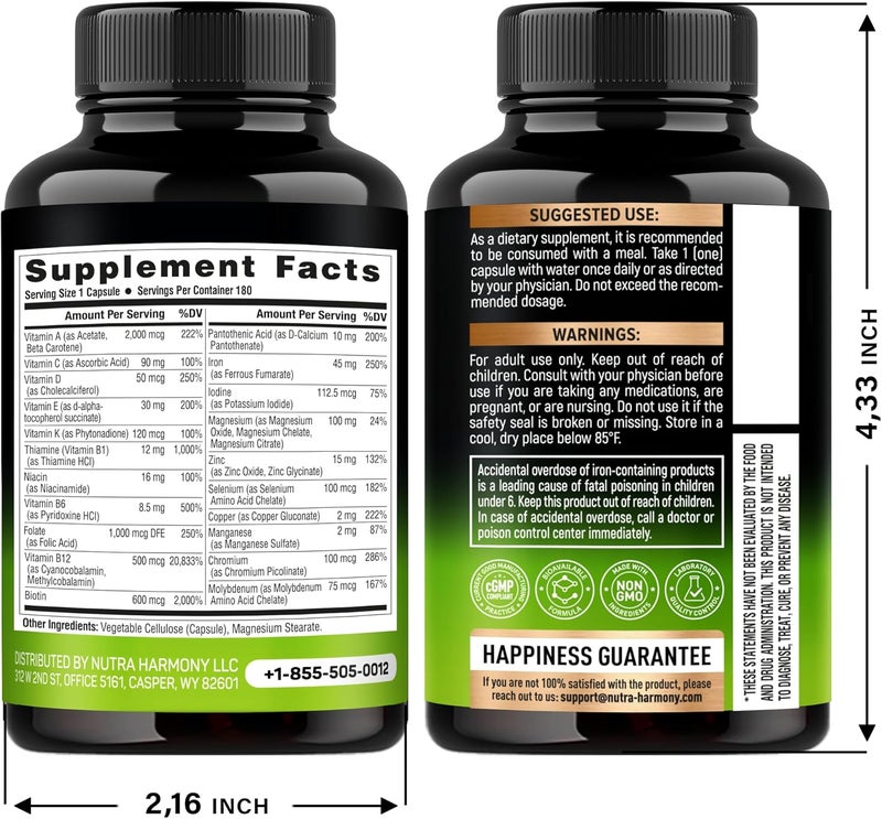 NUTRAHARMONY Bariatric Multivitamin  45 mg Iron Supplements  Made in USA  for Women  Men  AllinOne 21 Essential Vitamins  Gastric Sleeve Support  Free of Sugar Gluten  Soy  180 Capsules Once Daily - Image 2