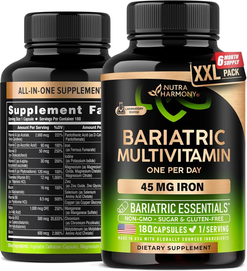 NUTRAHARMONY Bariatric Multivitamin  45 mg Iron Supplements  Made in USA  for Women  Men  AllinOne 21 Essential Vitamins  Gastric Sleeve Support  Free of Sugar Gluten  Soy  180 Capsules Once Daily - Image 1