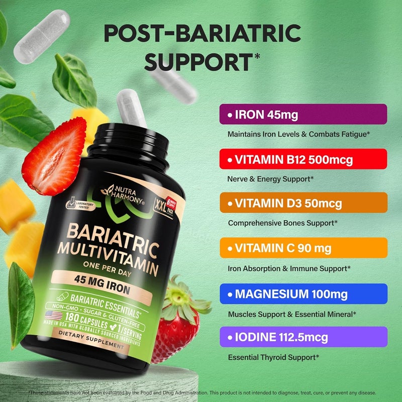 NUTRAHARMONY Bariatric Multivitamin  45 mg Iron Supplements  Made in USA  for Women  Men  AllinOne 21 Essential Vitamins  Gastric Sleeve Support  Free of Sugar Gluten  Soy  180 Capsules Once Daily - Image 4