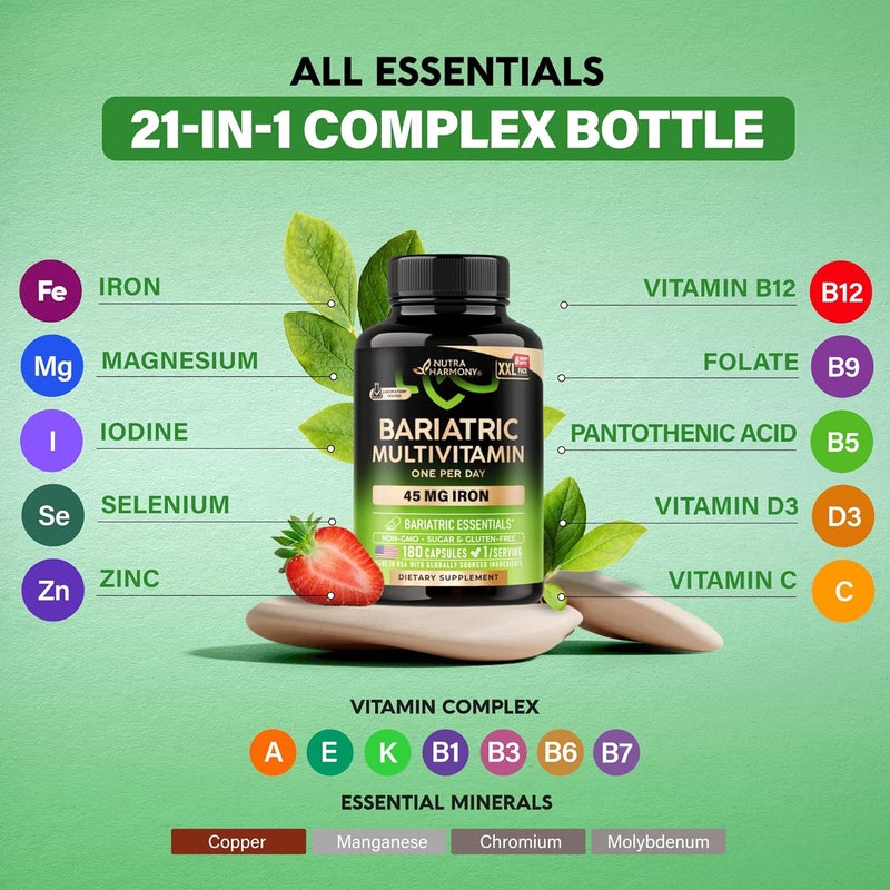NUTRAHARMONY Bariatric Multivitamin  45 mg Iron Supplements  Made in USA  for Women  Men  AllinOne 21 Essential Vitamins  Gastric Sleeve Support  Free of Sugar Gluten  Soy  180 Capsules Once Daily - Image 5