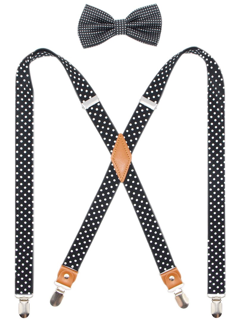 Timiot Mens Suspender and Bowtie Set X Back Heavy Duty Adjustable Elastic Clips Perfect For Work &Casual (Black Polka Dot) - Image 1
