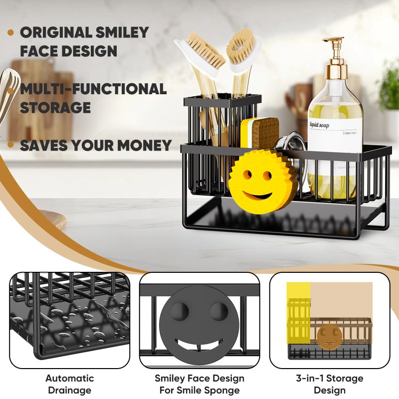 Taugast Sponge Holder for Kitchen Sink,Smiley Face Sink Caddy with Removable Brush Holder,Self-Draining Sponge Caddy for Sponge,Soap,Dish Brush,Scrubber,Kitchen Essentials and Gadgets - Image 2