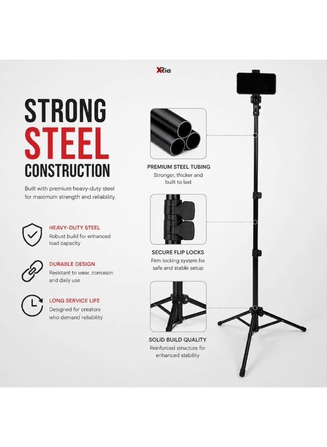 XRIA MT-160S Mobile Phone Tripod Stand 2M with Phone Holder, Adjustable 67-200cm Heavy Duty Steel Tripod for TikTok, YouTube, Live Streaming, Video Recording & Photography - Image 4