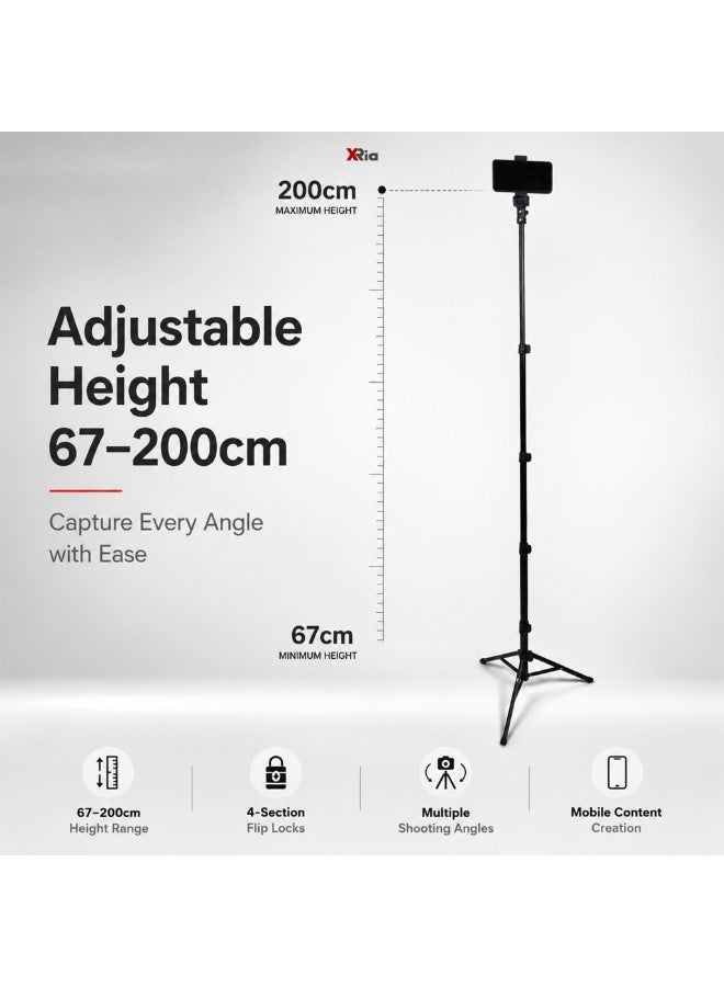 XRIA MT-160S Mobile Phone Tripod Stand 2M with Phone Holder, Adjustable 67-200cm Heavy Duty Steel Tripod for TikTok, YouTube, Live Streaming, Video Recording & Photography - Image 2