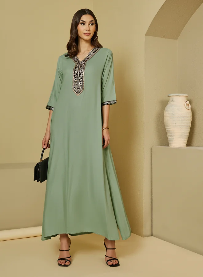 ستايلي Styli Embroidered V Neck Jalabiya with 3/4 Sleeves