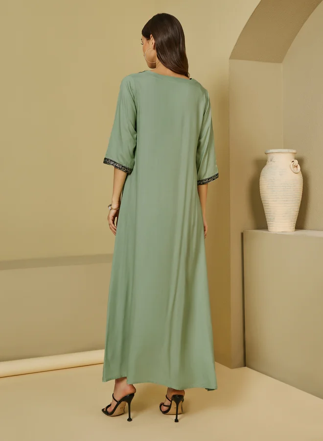 Styli Styli Embroidered V Neck Jalabiya with 3/4 Sleeves