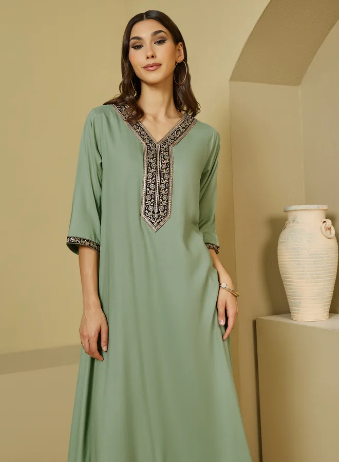 ستايلي Styli Embroidered V Neck Jalabiya with 3/4 Sleeves