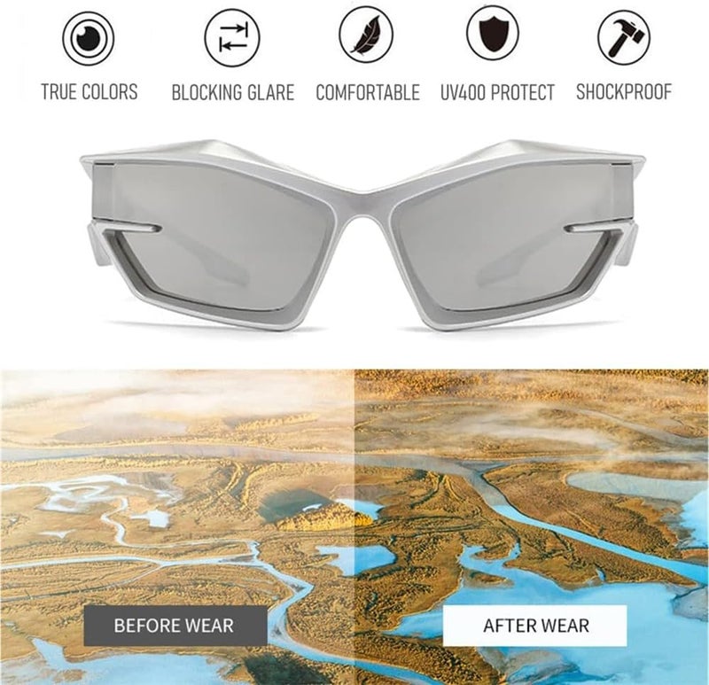 X spring Futuristic Sunglasses, Sports Wrap Around Shield Cat Eye Glasses, Mirrored UV Protection Fashion Eyewear, for Women Men, Ideal for Rave Parties, Summer Fashion Accessories - Image 4