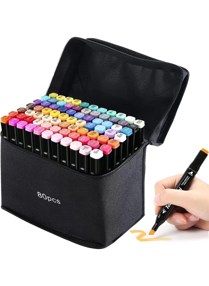 طقم أقلام ماركر كحولية 80 قطعة مزدوجة الرأس – ألوان متعددة Multicolor، رأس عريض ورفيع، حبر ثابت وسريع الجفاف، مع شنطة تخزين – للرسم والتلوين والاسكتش والتصميم - Image 1