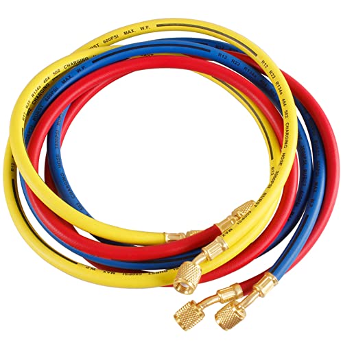 Uenede 3PCS Refrigerant Charging Hose 60 Length 6003000PSI 14 Thread Fits for R12 R22 R134A 404 502 Car Air Conditioning and HVAC Charging Manifold Gauge Hose Tube RedYellowBlue Three Colors - Image 1