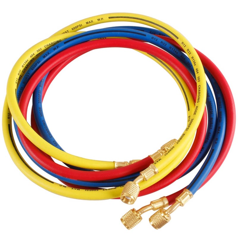 Uenede 3PCS Refrigerant Charging Hose 60 Length 6003000PSI 14 Thread Fits for R12 R22 R134A 404 502 Car Air Conditioning and HVAC Charging Manifold Gauge Hose Tube RedYellowBlue Three Colors - Image 2
