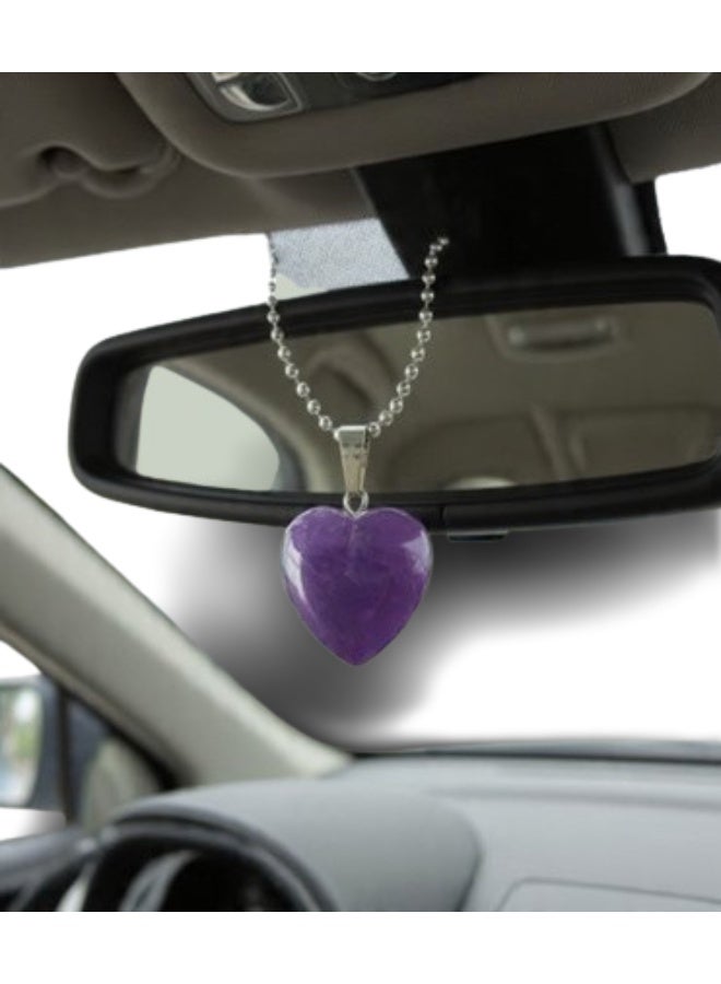 Natural Purple Amethyst Heart Car Mirror Hanger, Decorative Pendant with Cord, Rearview Mirror Accessory
