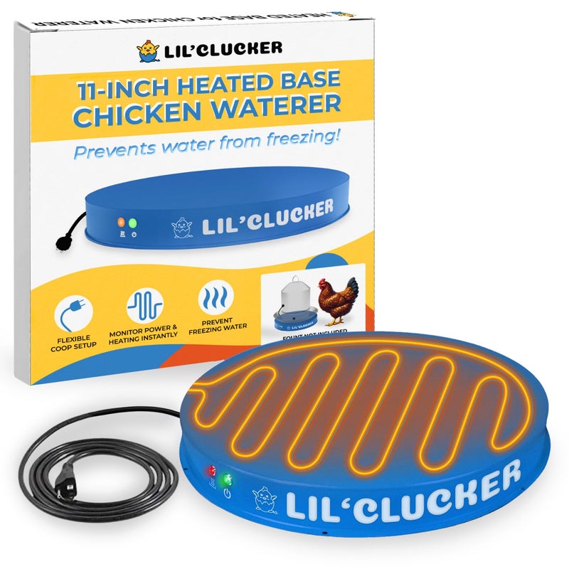 Lil'Clucker قاعدة تسخين ليل كلكر لمشرب الدجاج - مشرب دجاج معدني أوتوماتيكي مقاوم للتجمد مع سخان و LED - مشرب دجاج مدفأ لفصل الشتاء (أزرق، 11 بوصة) - Image 1
