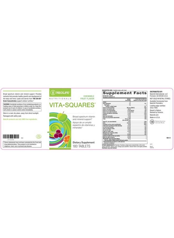 NEOLIFE NeoLife Vita-Squares - Chewable Multivitamin for Kids, 18 Essential Vitamins & Minerals, Iron, Zinc, Vitamin D3, B-Complex, Vitamin for Kids MultiVitamin C & E, Berry-Citrus Flavor, 180 Tablets  - Image 3