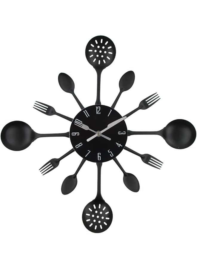 The Bros Wall Clock, 16" Metal Kitchen Cutlery Utensil Spoon Fork Wall Clock Creative Modern Home Decor Antique Style Wall Watch (Black)