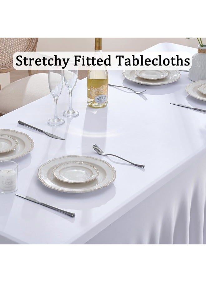 Htper 2 Pack White Spandex Tablecloths for 8 Foot Rectangle Tables, Wrinkle Free Stretchy Table Cloth 8ft Fitted Table Cover Desk Skirt for Parties Weddings Birthday Banquet Baby Shower - Image 2