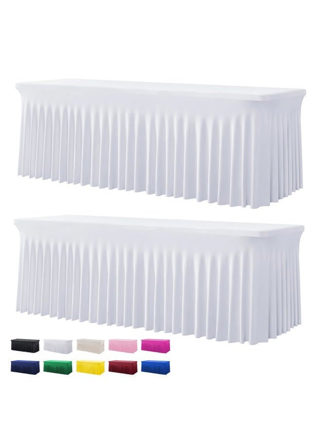 Htper 2 Pack White Spandex Tablecloths for 8 Foot Rectangle Tables, Wrinkle Free Stretchy Table Cloth 8ft Fitted Table Cover Desk Skirt for Parties Weddings Birthday Banquet Baby Shower - Image 1