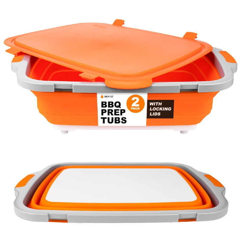 Drip EZ Collapsible BBQ Prep Tubs 2Piece Set For Meal Prep Marinating Food Storage  Includes Cutting Board  Lid  2 XL  Orange